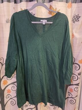 Women's 2X Forest Green Soft Cotton Blend Long V-Neck Sweater By Susan Graver